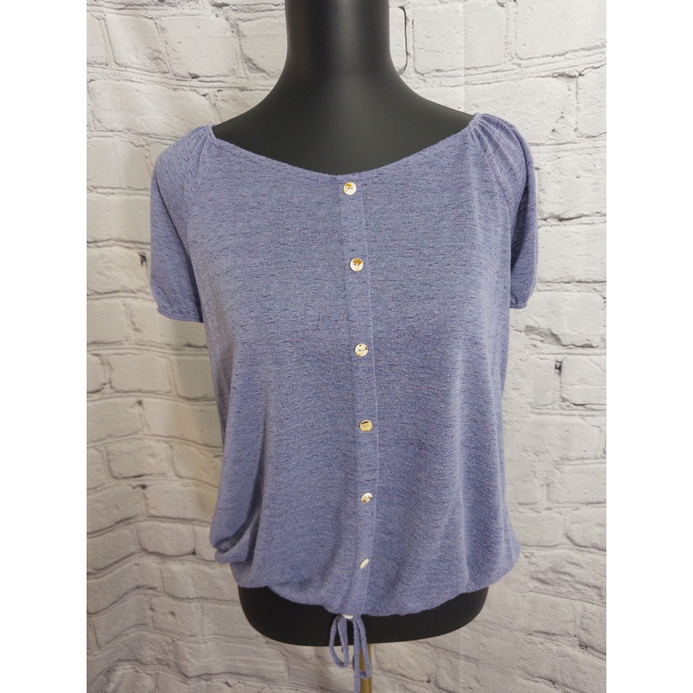 White Birch Button Front Top Womens Small Purple Puff Sleeve‎ Drawstring Hem